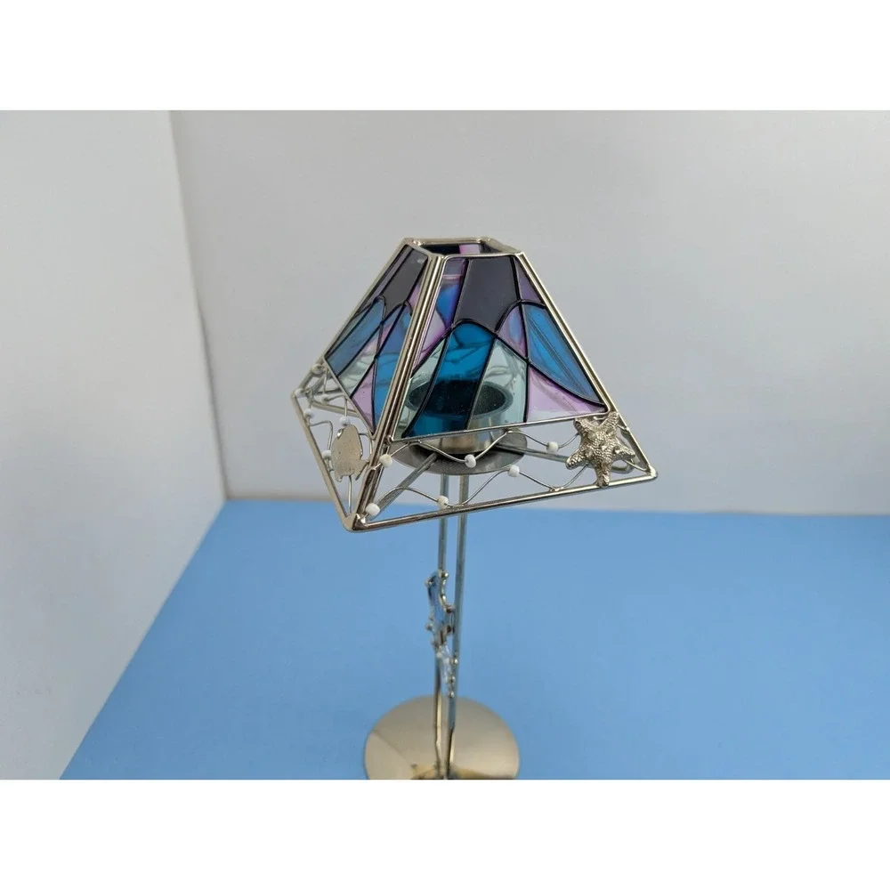 Aquatic Ocean Fish Stained Glass Tea Light Candle Holder Lamp Beach Theme Votive